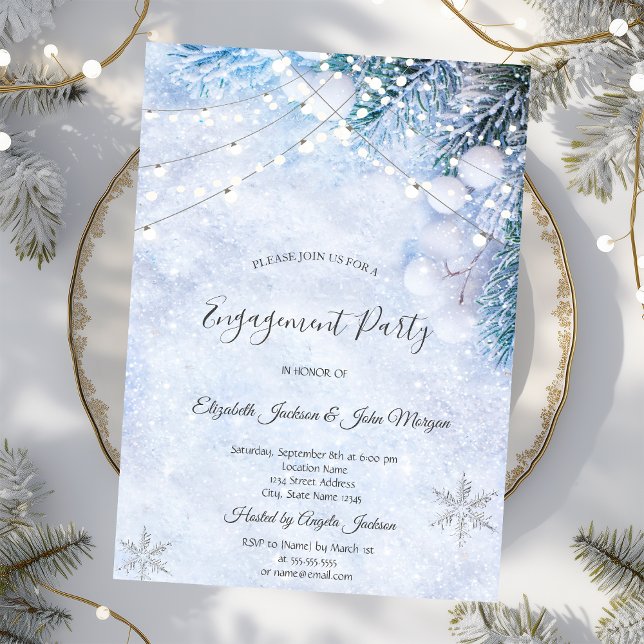 Pine Tree Branches,Snow String Lights Engagement  Invitation (Creator Uploaded)