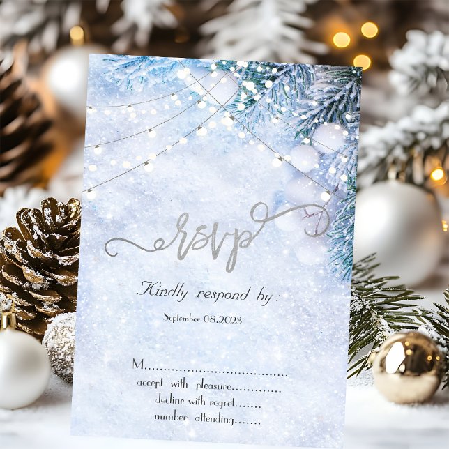 Pine Tree Branches,Snow String Lights RSVP  Invitation (Creator Uploaded)