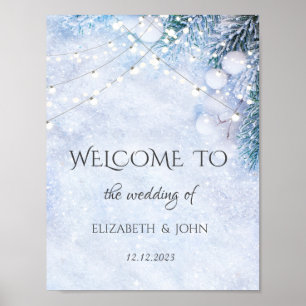 Pine Tree Branches,Snow String Lights Wedding Poster