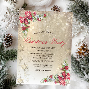 Pine Tree Branches Snowflakes Gold Party Invitation