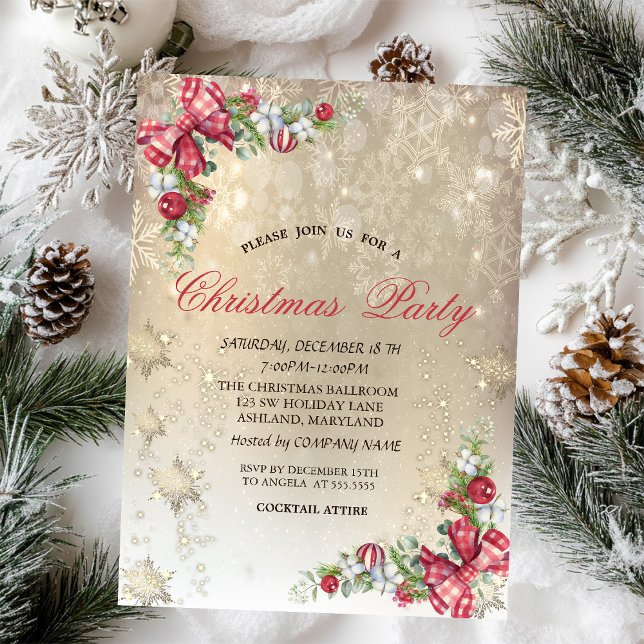 Pine Tree Branches Snowflakes Gold Party  Invitation (Creator Uploaded)