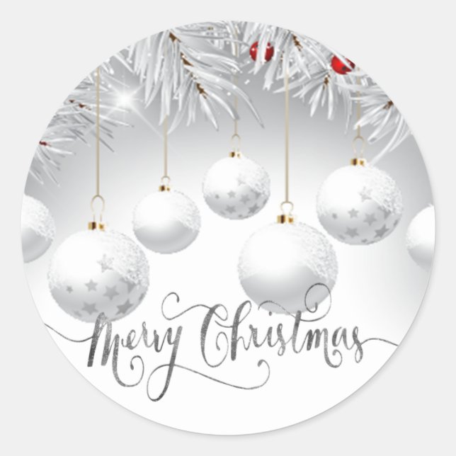 Pine Tree Branches White Balls Merry Christmas Classic Round Sticker (Front)
