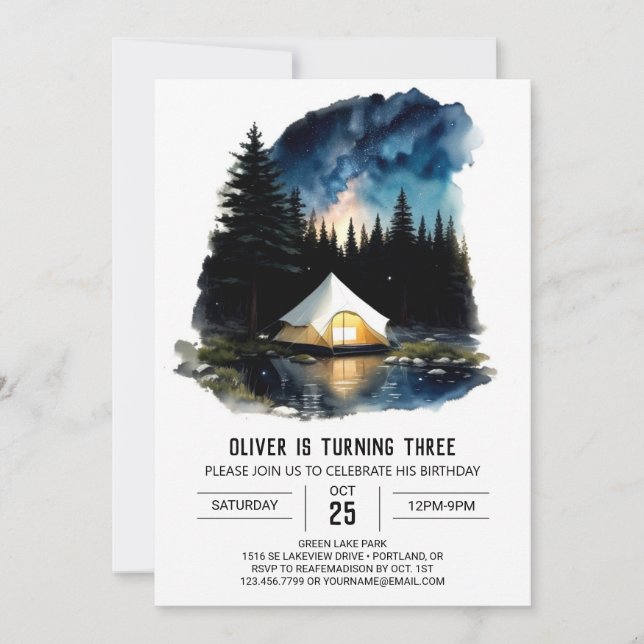 Pine Tree Campout Journey Birthday Invitation (Front)