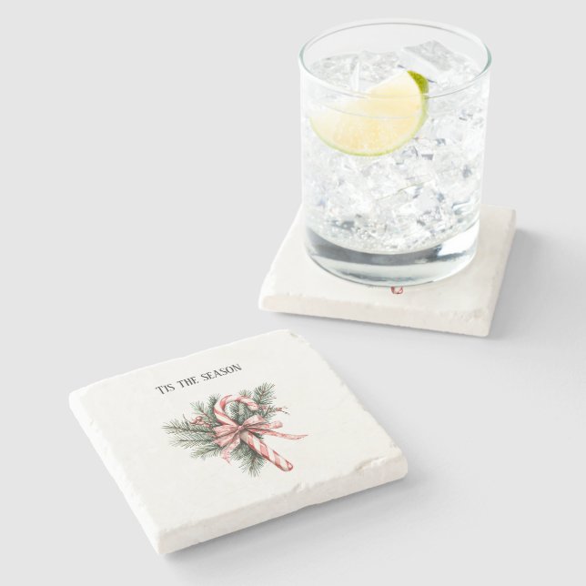 Pine Tree Candy Cane Red Christmas Stone Coaster (Side)