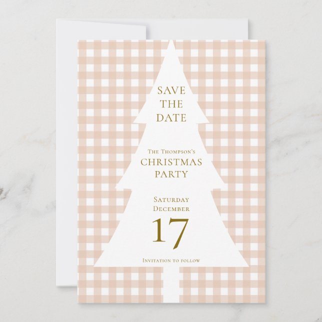 Pine Tree Christmas Cream Gingham Save the Date Invitation (Front)