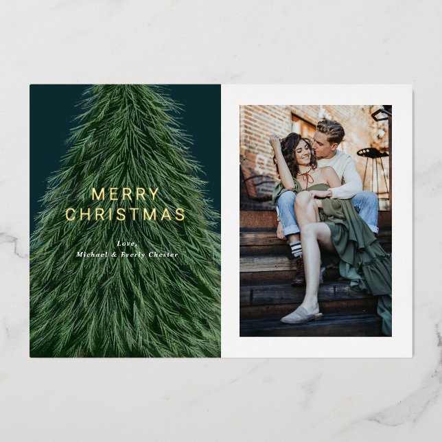 Pine Tree Christmas Holiday Photo  Foil Invitation (Front)