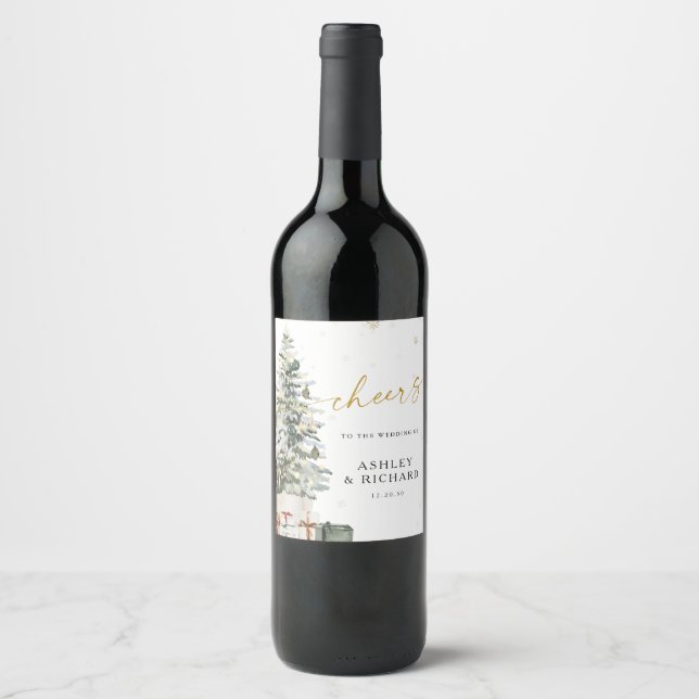 Pine Tree Christmas  Wedding Wine Bottle Label (Front)