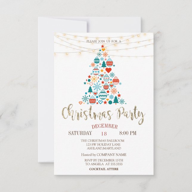  Pine Tree,Colourful Balls,Wood Christmas Party Invitation (Front)