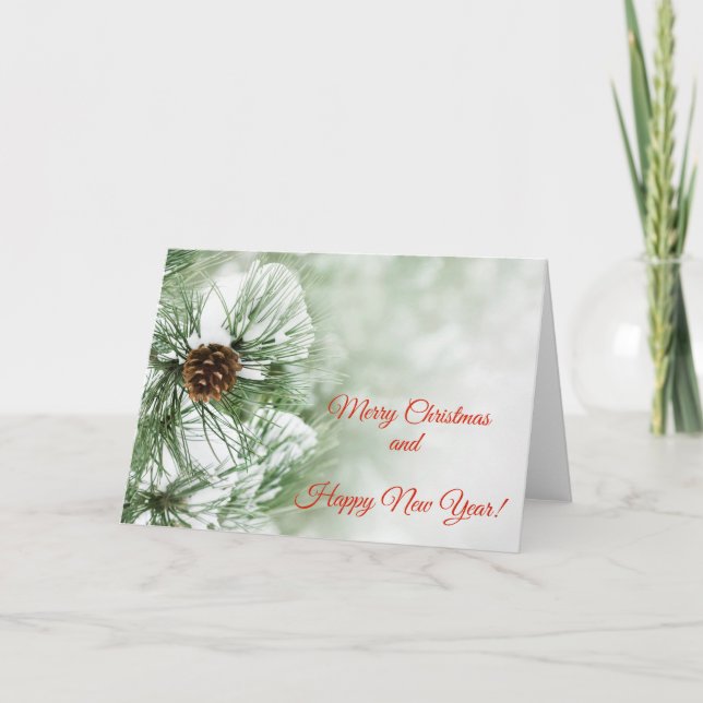 Pine tree covered with snow holiday card (Front)