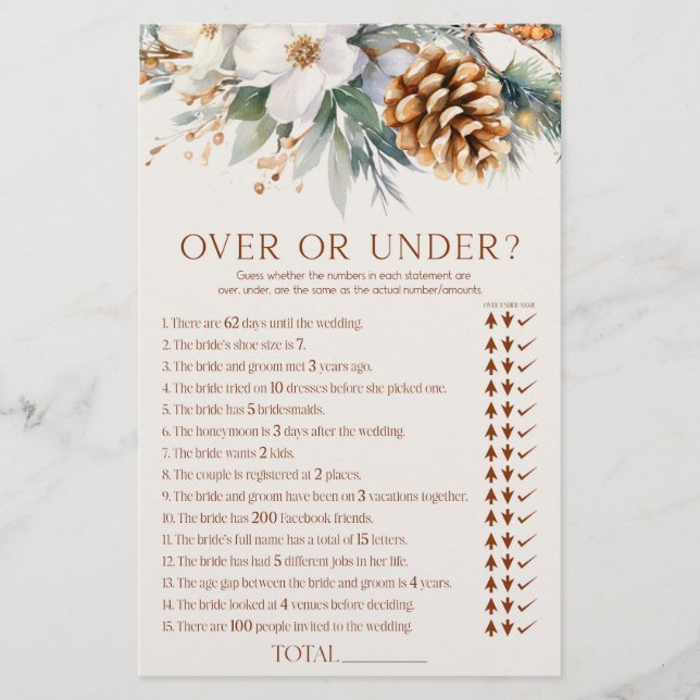 Pine Tree Floral Over or Under Bridal Shower Game  Stationery (Front)