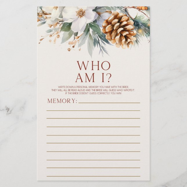 Pine Tree Floral Who Am I Bridal Shower Game Stationery (Front)