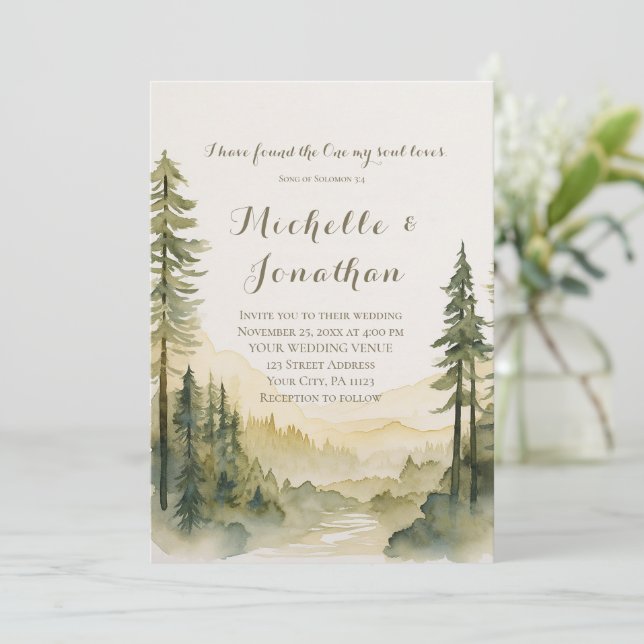 Pine Tree Forest Art Bible Verse Christian Wedding Invitation (Standing Front)