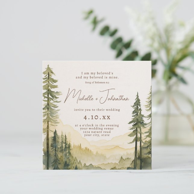 Pine Tree Forest Bible Verse Christian Wedding Invitation (Standing Front)