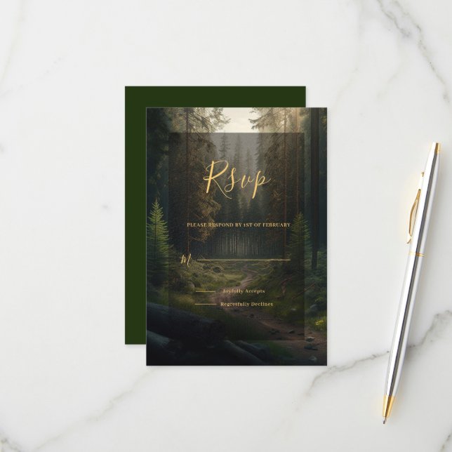 Pine Tree Forest Green Wedding RSVP Card (Front/Back In Situ)