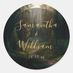 Pine Tree Forest Green Woodland Wedding Classic Round Sticker