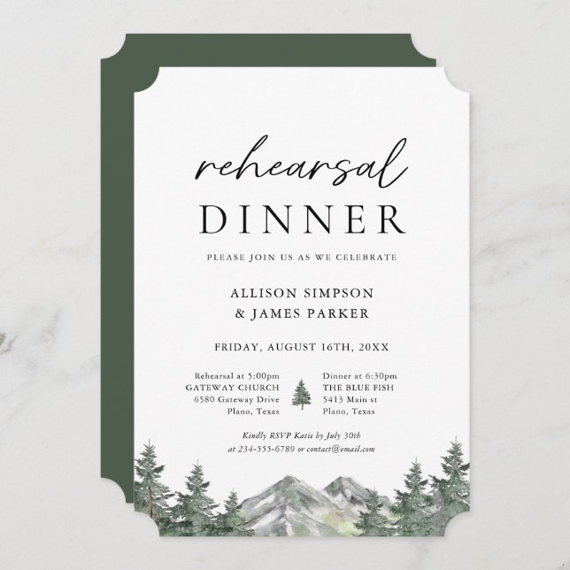 Pine Tree Forest Mountain Rehearsal Dinner Invitation (Front/Back)