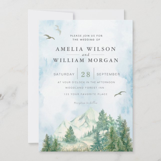 Pine Tree Forest Mountains Watercolor Invitation (Front)
