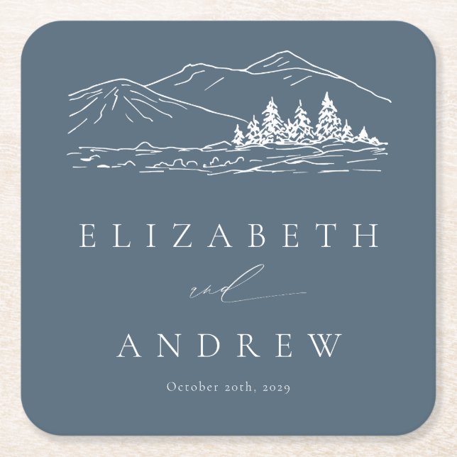 Pine Tree Forest Rustic Mountains Wedding Square Paper Coaster (Front)
