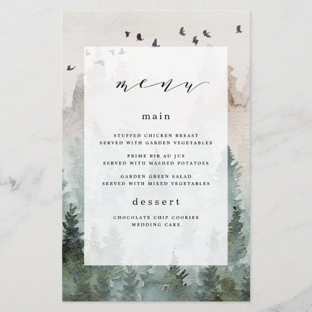 Pine Tree Forest Rustic Themed Wedding Menu Cards (Front)