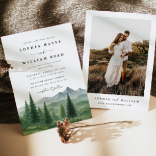 Pine Tree Forest Rustic Watercolor Photo Wedding  Invitation