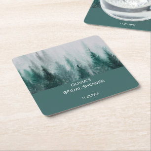 Pine Tree Forest Watercolor Green Bridal Shower Square Paper Coaster