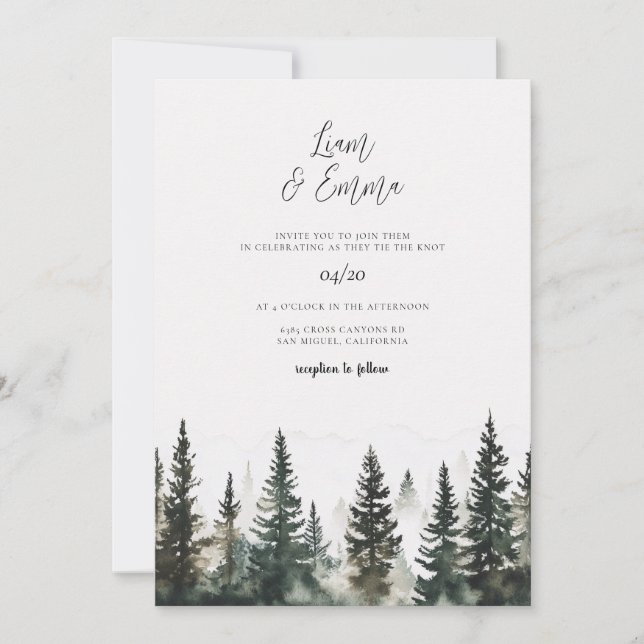 Pine Tree Forest Watercolor Wedding Invitation  (Front)