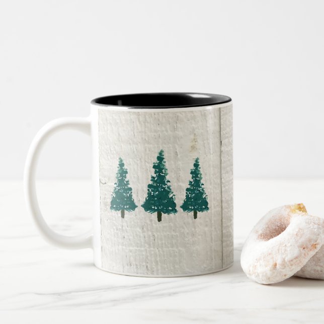 Pine Tree Forest Wilderness Two-Tone Coffee Mug (With Donut)