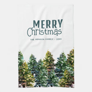 Pine Tree Forest with Snow Watercolor Christmas  Tea Towel