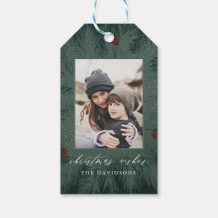 Pine Tree Frame with Pinecones, Plaid, and Photo Gift Tags
