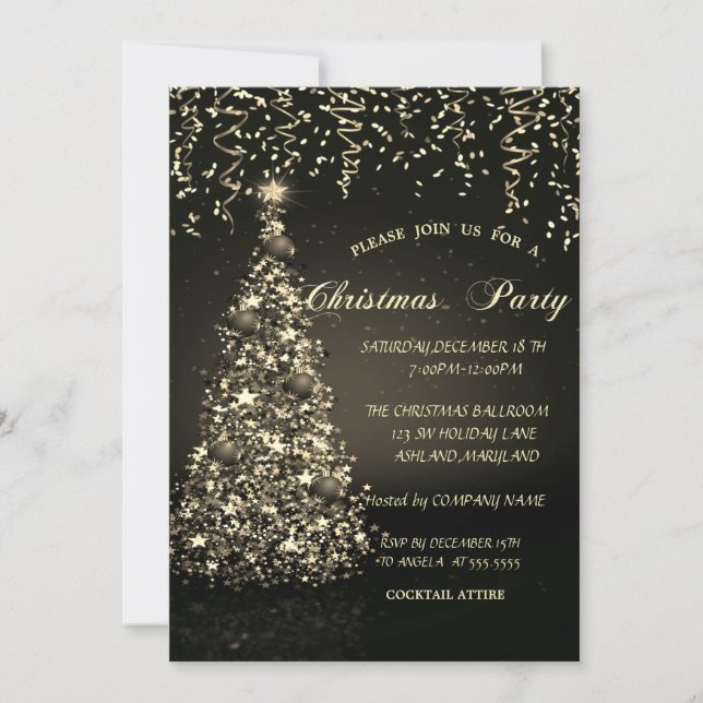  Pine Tree Gold Confetti Christmas Company Party Invitation (Front)