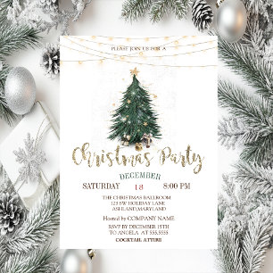 Pine Tree,Gold Stars String Lights Christmas Invitation