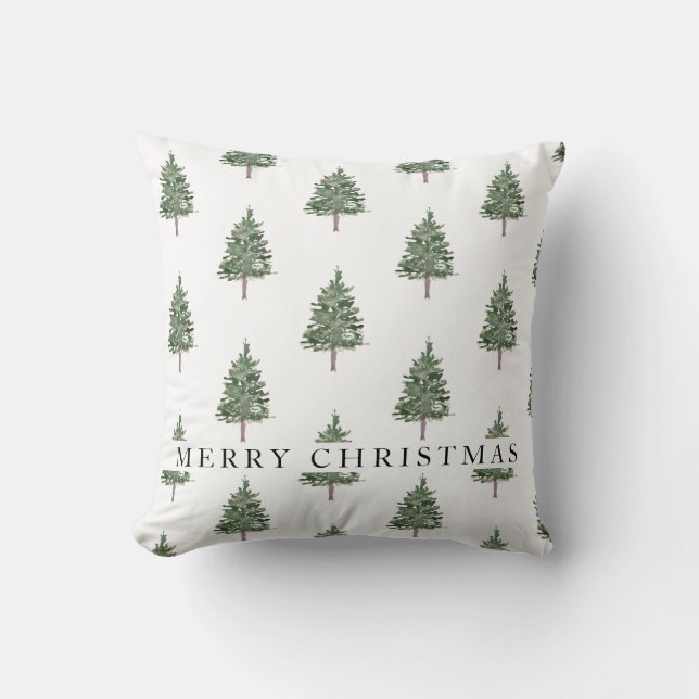 Pine tree Green and white Merry Christmas Cushion (Front)