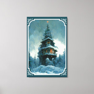 Pine Tree House In Winter Christmas Tree Canvas Print