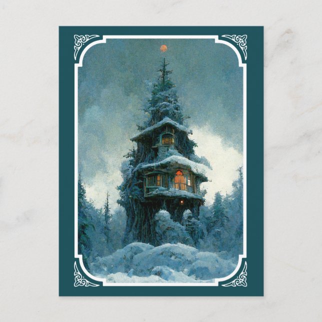 Pine Tree House In Winter | Christmas Tree Postcard (Front)