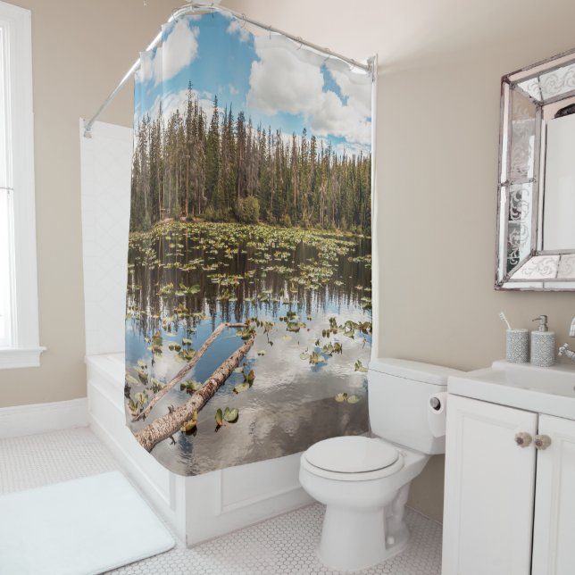 Pine Tree Lake Reflection // Natural Light Shower Curtain (In Situ)