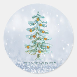Pine Tree Merry Blue Bokeh Classic Round Sticker