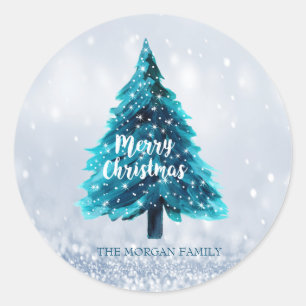 Pine Tree Merry Christmas Blue Holiday Classic Round Sticker
