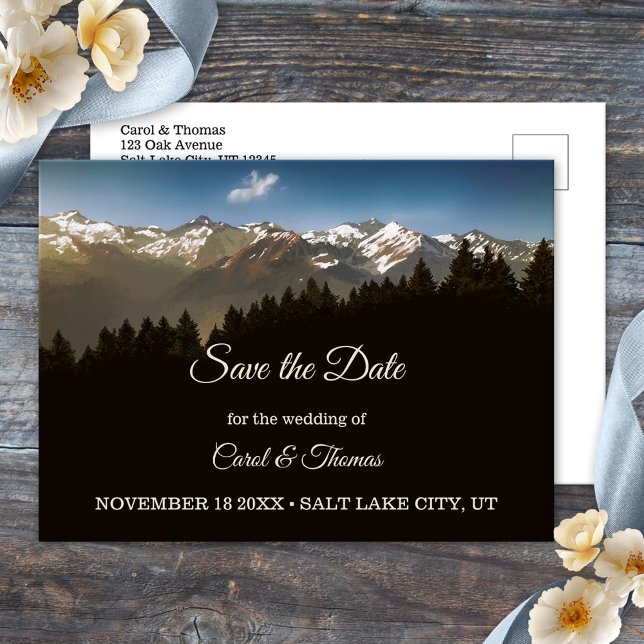 Pine Tree Mountains Save the Date Postcard (Save the Date postcard featuring a painting of pine trees with snow capped mountains)