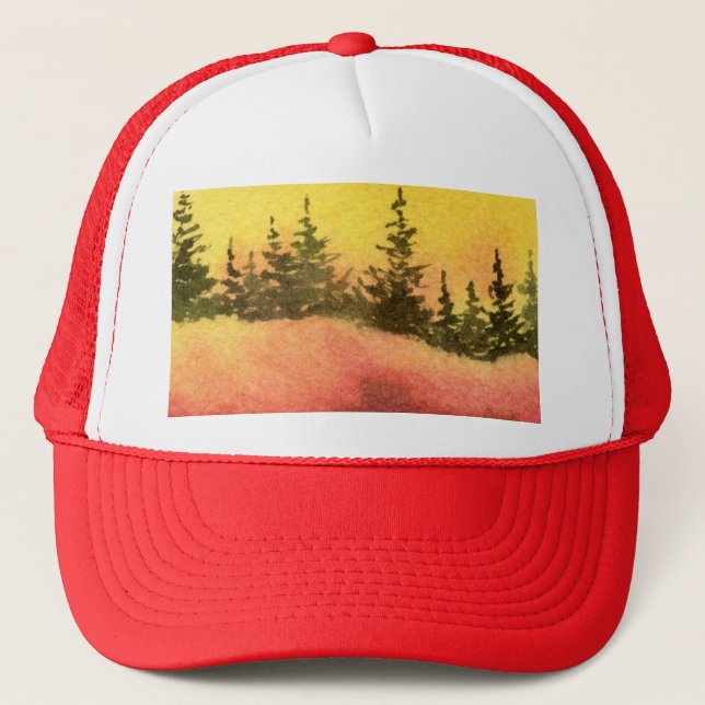 Pine tree on a ridge at sunrise or sunset trucker hat (Front)