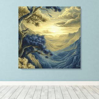Pine Tree on a Rocky Cliff, Stylised Landscape Canvas Print