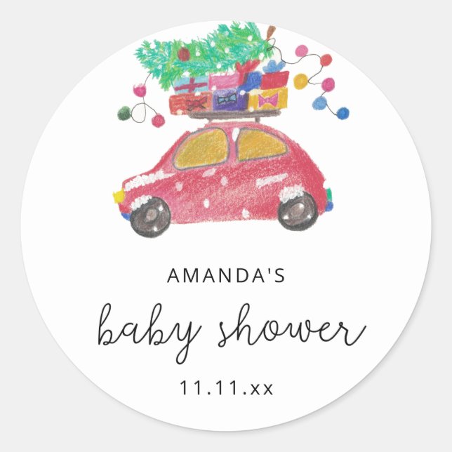 Pine tree on red car Baby shower Classic Round Sticker (Front)