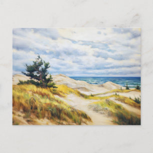 Pine tree on sanddune on baltic sea. oil painting  postcard