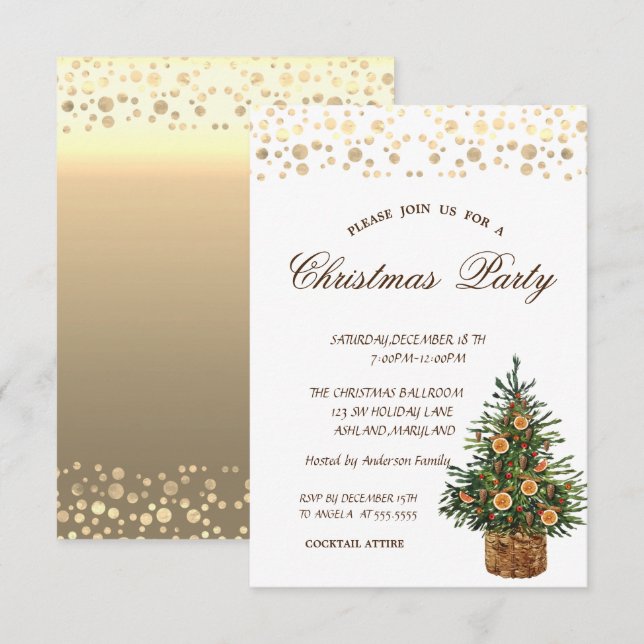 Pine Tree Orange,Gold Dots Christmas Party Invitation (Front/Back)