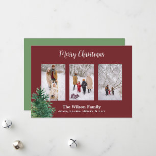 Pine Tree Photo Burgundy Custom Merry Christmas Holiday Card