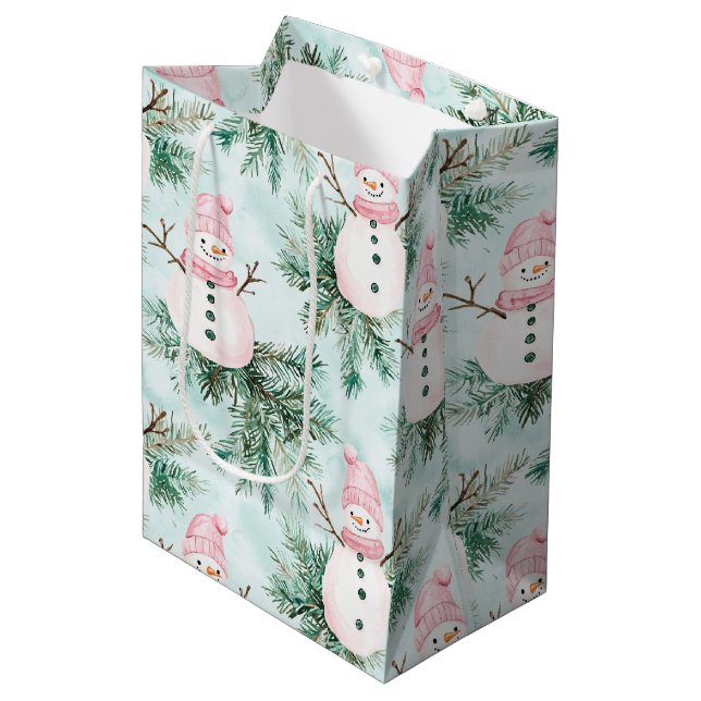 Pine Tree Pink White Snowman Girl Christmas Medium Gift Bag (Front Angled)