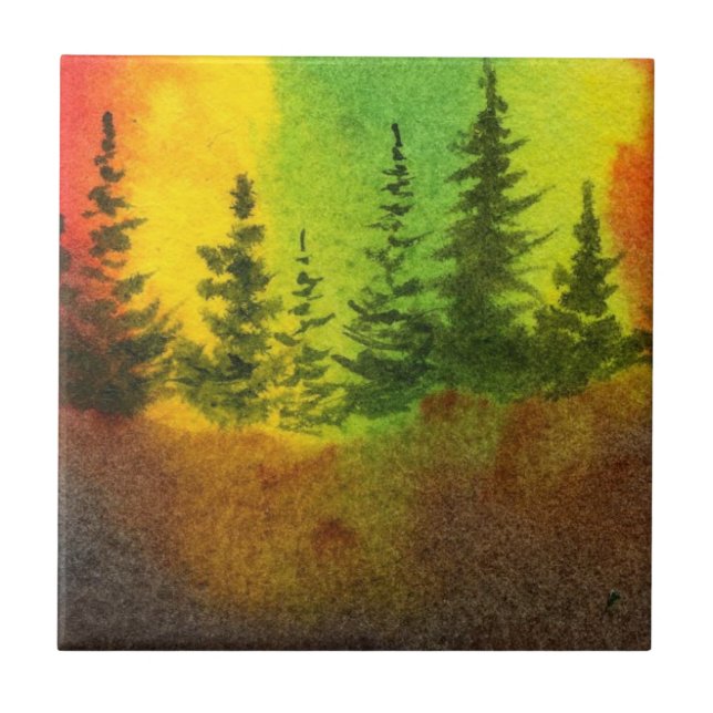 Pine Tree Rainbow Sky Morning Nature Tile (Front)