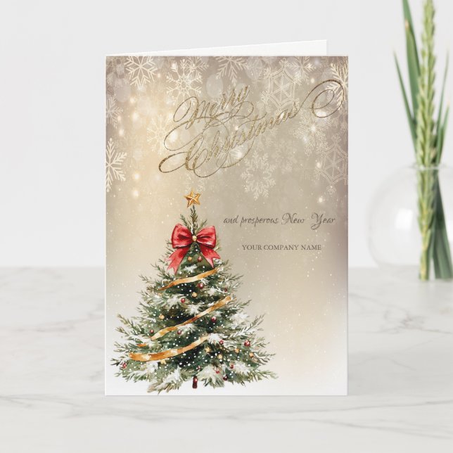 Pine Tree,Red Bow,Snowflakes Holiday Card (Front)