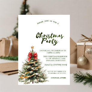 Pine Tree Red Bow Stars Green Christmas Invitation