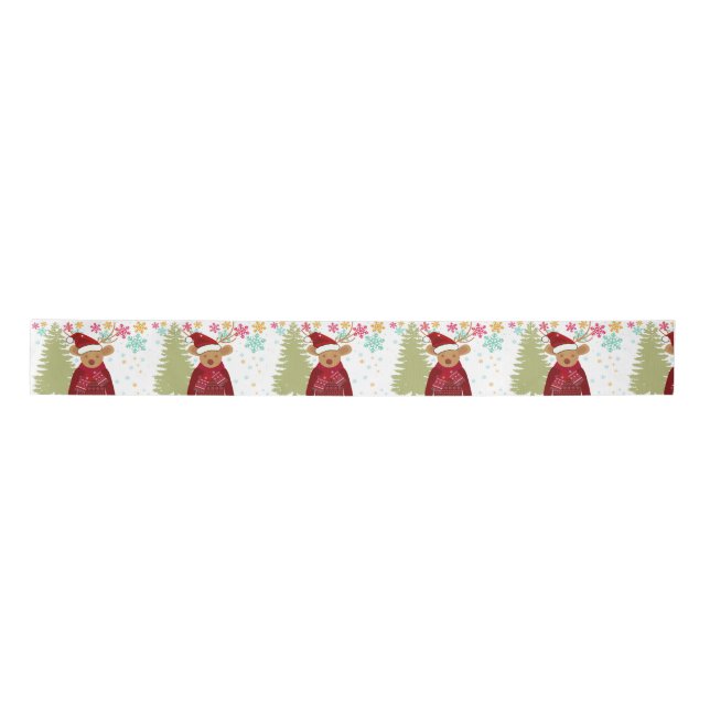  Pine Tree & Reindeer Red Green Winter Christmas Satin Ribbon (Front)