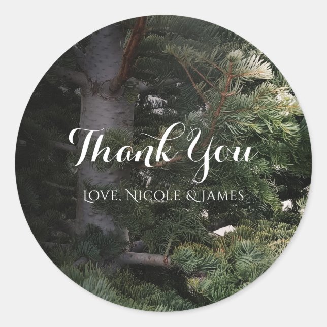 Pine Tree Rustic Forest Woods Custom Wedding Favou Classic Round Sticker (Front)